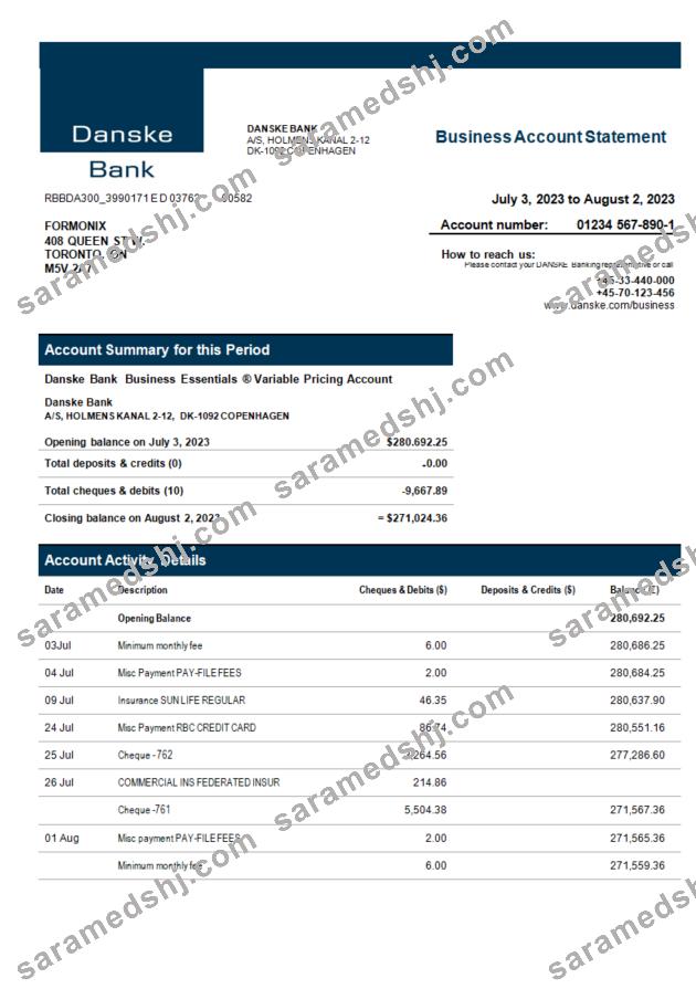 Danske Bank enterprise statement Word and PDF template